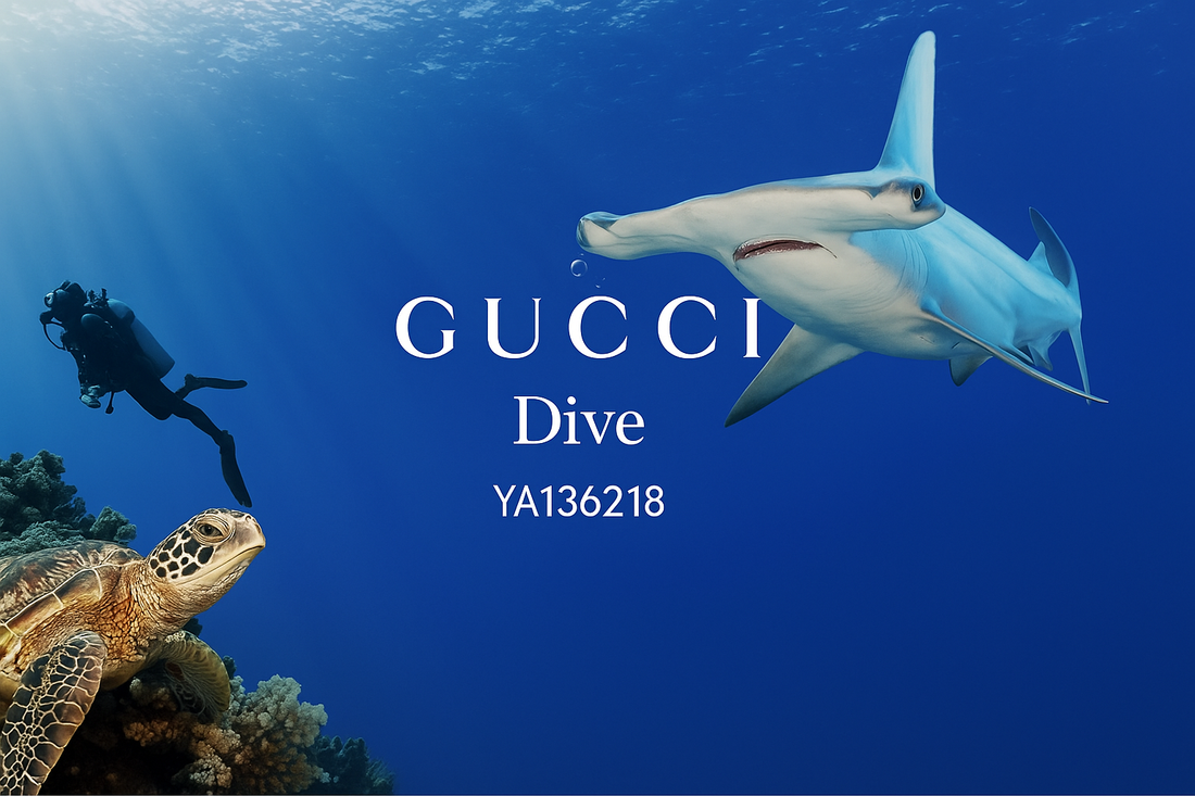 Gucci Dive YA136218 luxury diving watch showcased underwater with diver, hammerhead shark, and sea turtle – HeyWatch