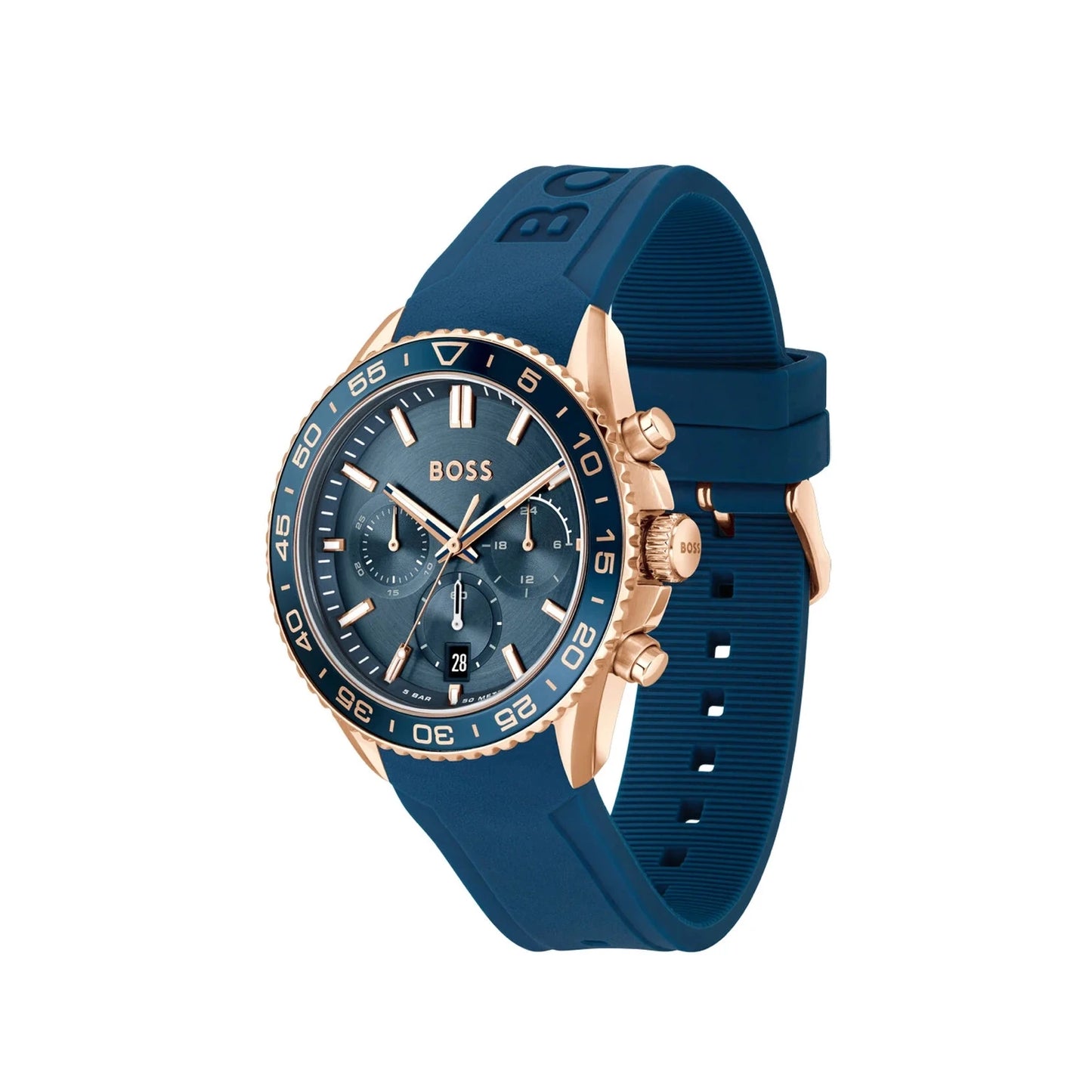 BOSS 1514169 angled view – sporty blue dial with gold-tone chronograph subdials and blue silicone band – dynamic men's watch by HEY WATCH