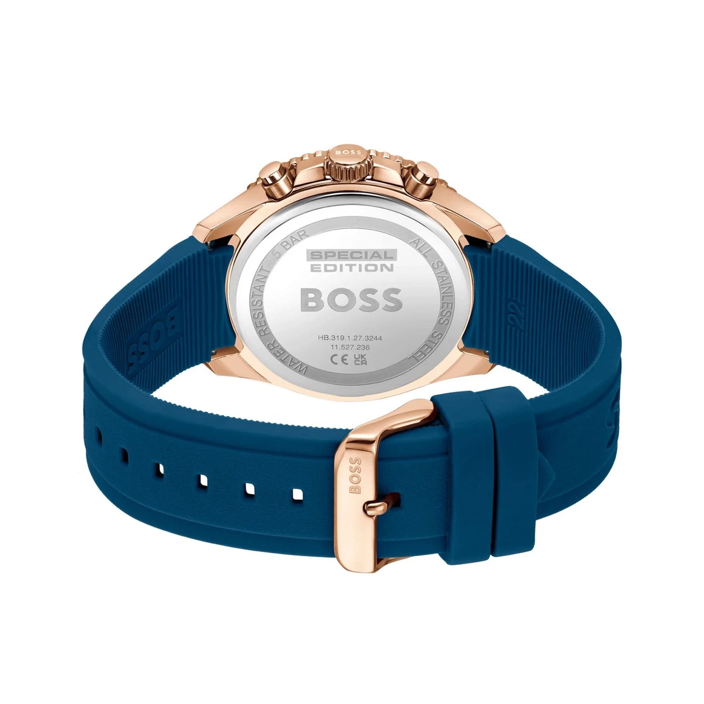 BOSS 1514169 back view – gold-tone stainless steel caseback and navy silicone strap with BOSS branding – stylish and durable finish by HEY WATCH.