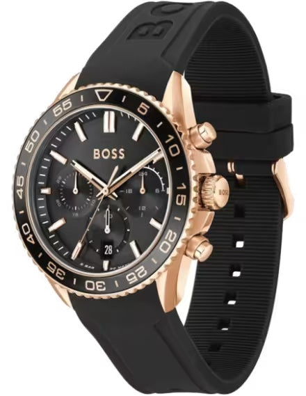 BOSS HB1514168 angled view – black chronograph dial with silver subdials and polished stainless steel finish – stylish men's design by HEY WATCH.