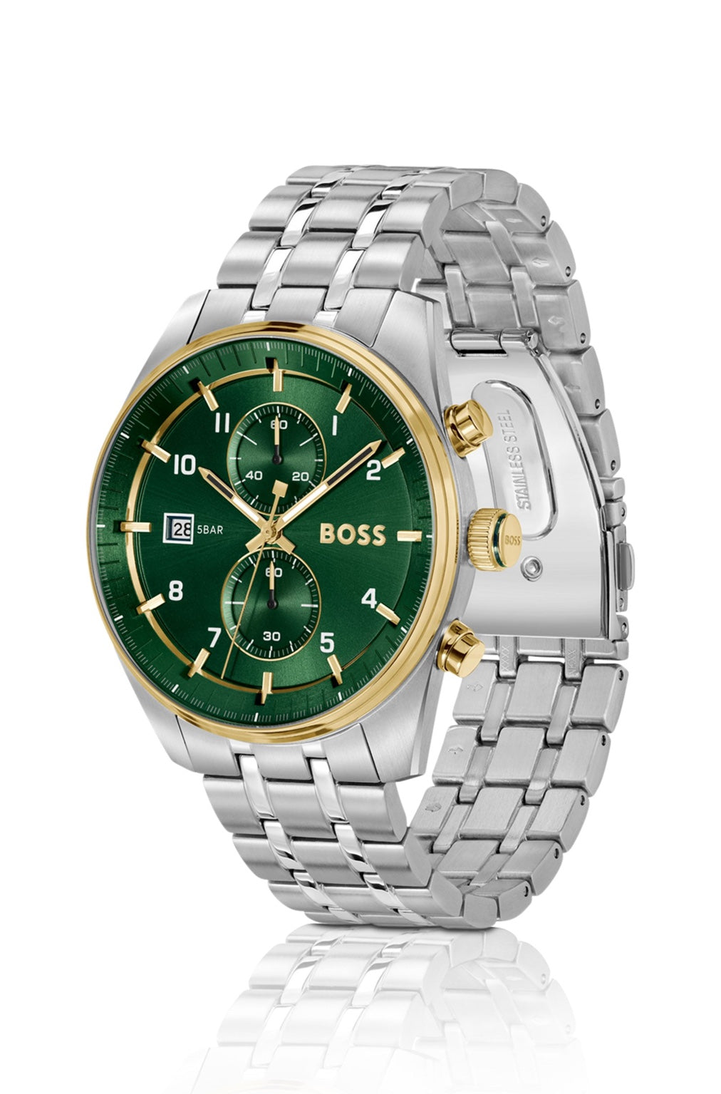BOSS HB1514195 angled view – chronograph watch with sunray green dial and polished stainless steel links – stylish men’s accessory by HEY WATCH.