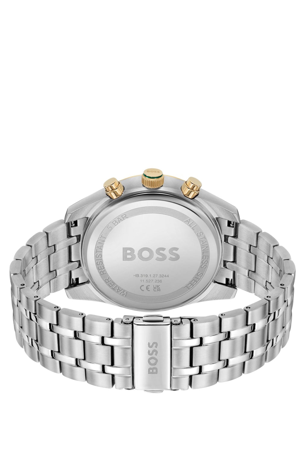 BOSS HB1514195 back view – stainless steel caseback with BOSS engraving and solid bracelet with fold-over clasp – premium craftsmanship by HEY WATCH.