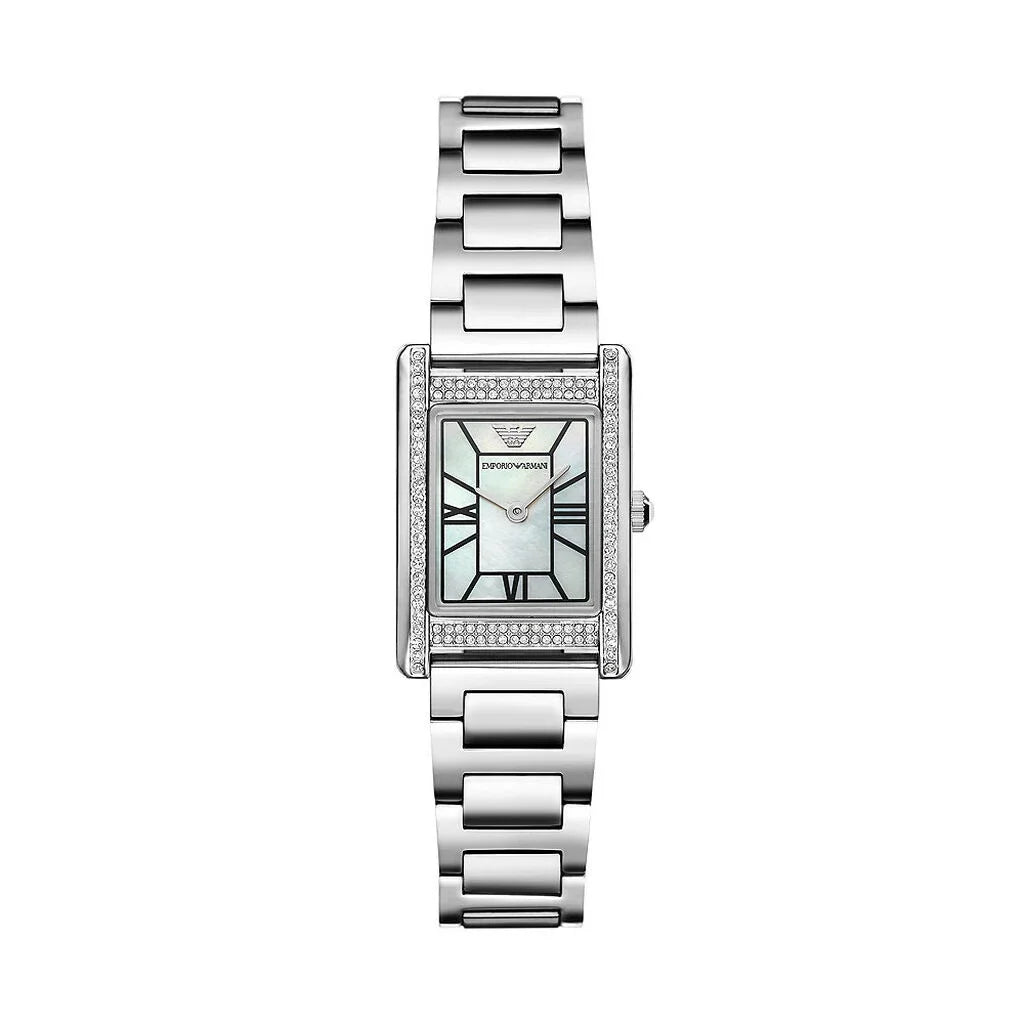 Emporio Armani AR11625 women’s watch front view – rectangular stainless steel case with crystal-set bezel, mother-of-pearl dial featuring Roman numerals and index markers, and polished stainless steel bracelet – elegant design by HEY WATCH.