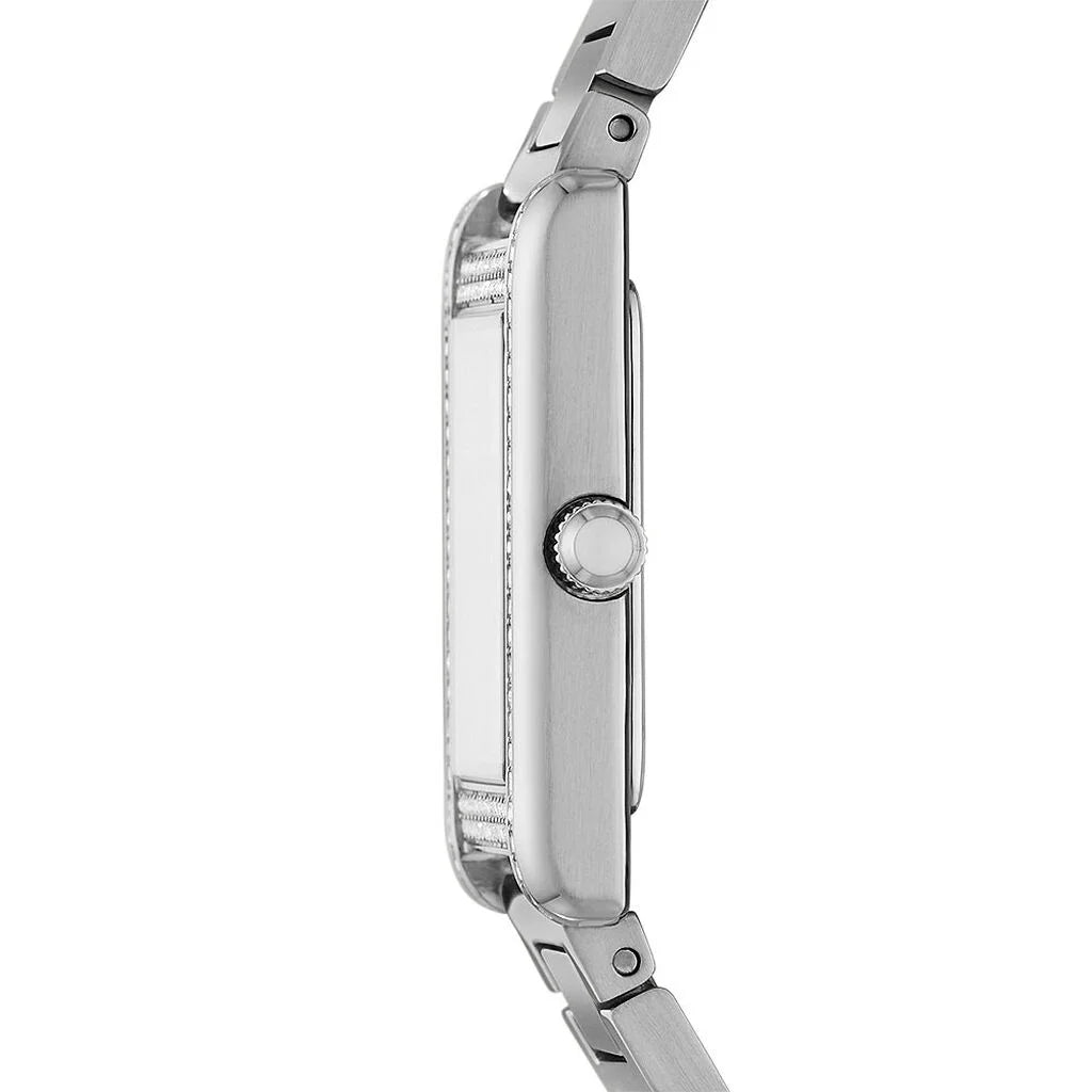 Emporio Armani AR11625 side profile – slim 6mm stainless steel case with textured crown – refined women’s timepiece available at HEY WATCH.