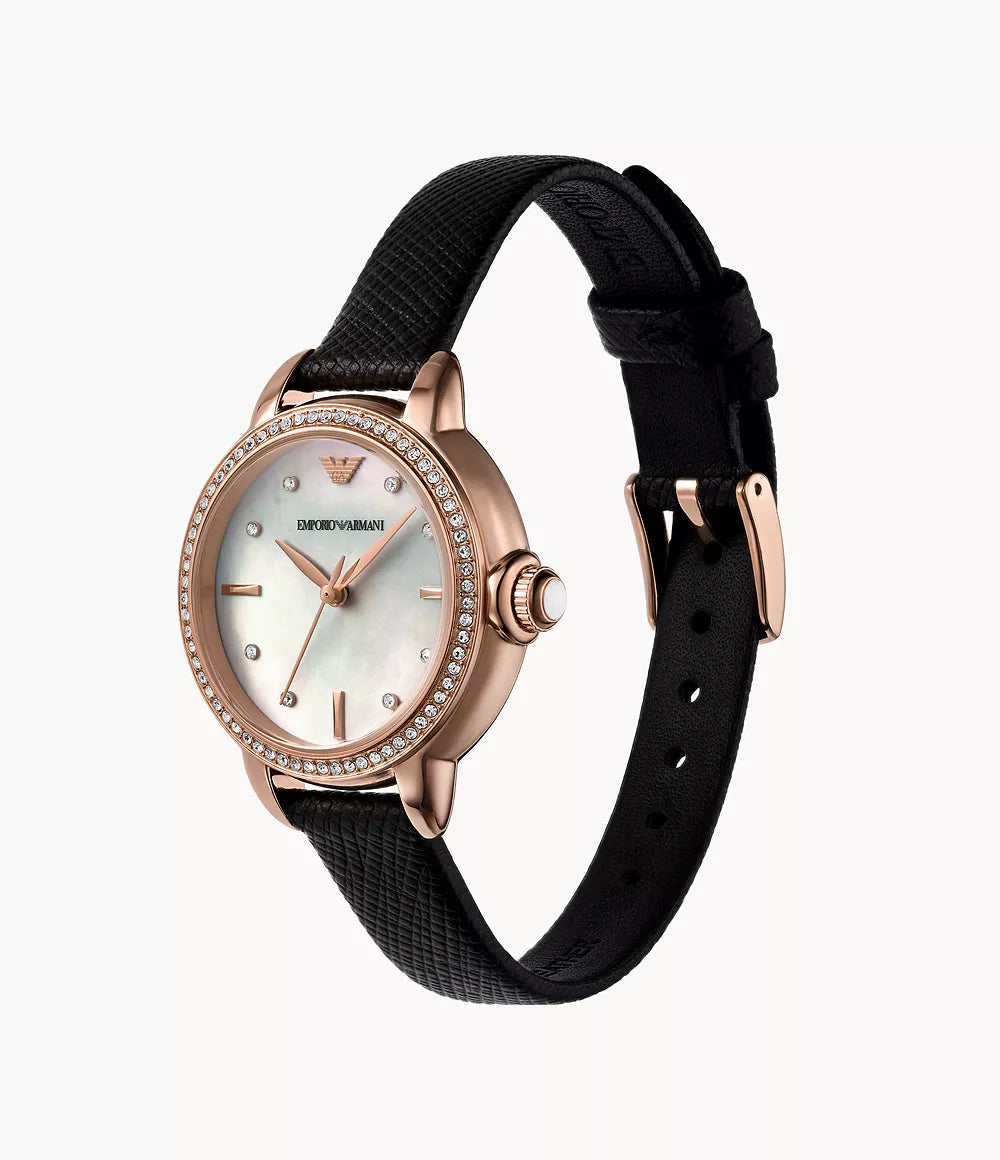 Emporio Armani AR11598 side profile – slim rose gold-tone stainless steel case with textured crown – refined women's design available at HEY WATCH.