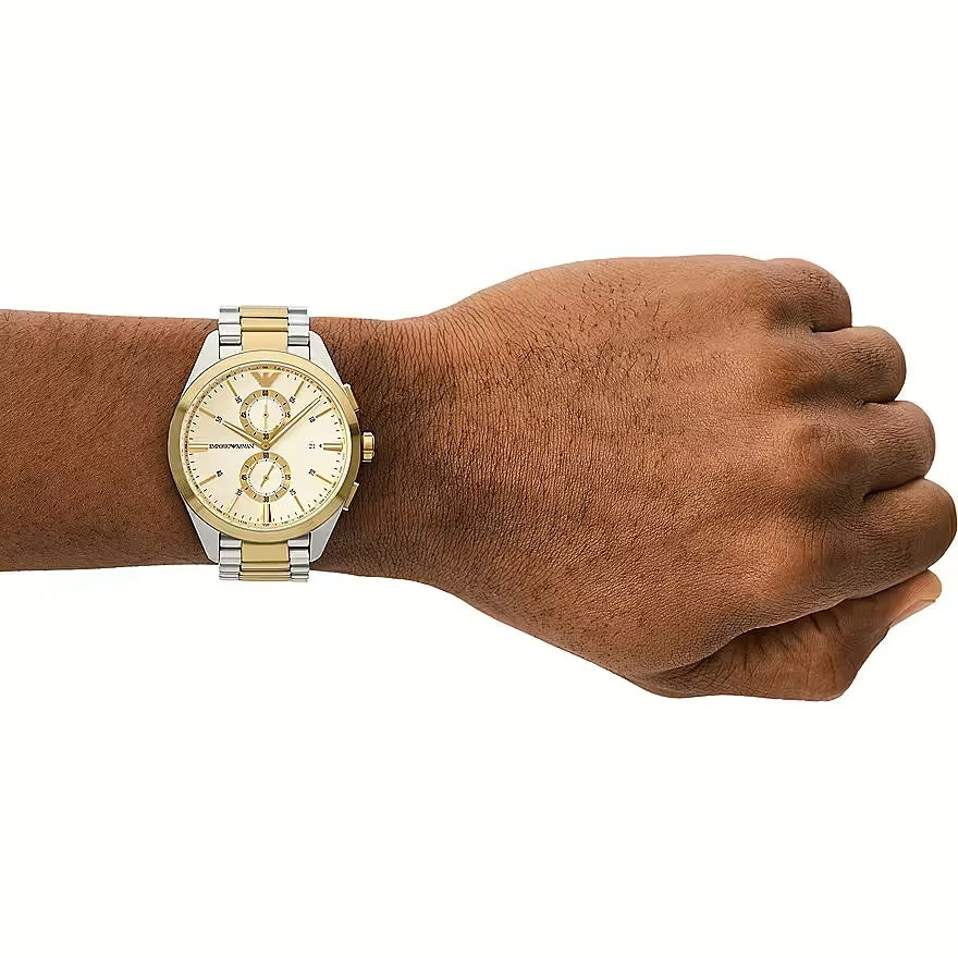Emporio Armani AR11605 worn on wrist – cream dial and two-tone bracelet offering a versatile and stylish look – timeless men’s chronograph presented by HEY WATCH.