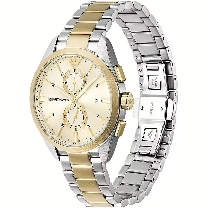 Emporio Armani AR11605 angled view – polished silver and gold-tone stainless steel case highlighting the cream dial – sophisticated chronograph style from HEY WATCH.