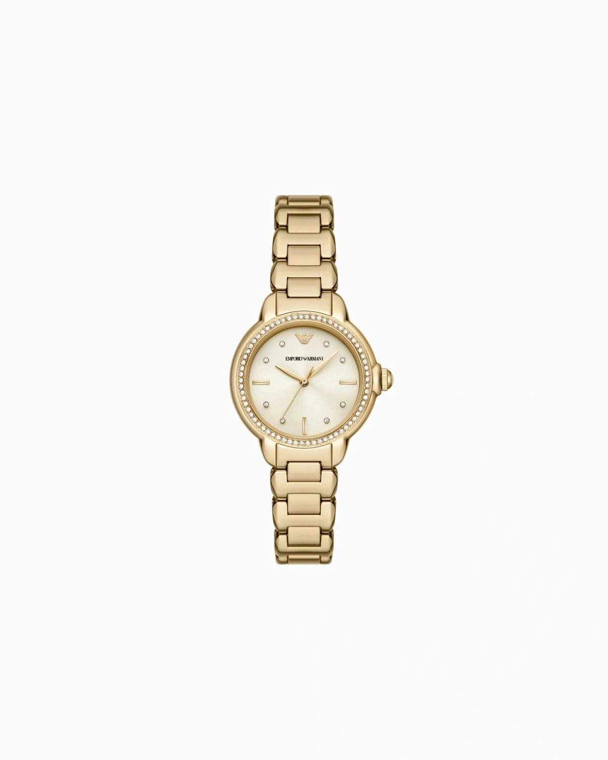 Emporio Armani AR11609 women’s watch front view – cream sunray dial with crystal hour markers, gold-tone stainless steel bracelet and case – elegant design by HEY WATCH.