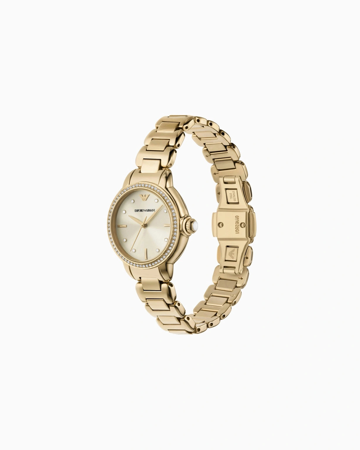 Emporio Armani AR11609 angled view – polished gold-tone stainless steel case highlighting the cream dial with crystal accents – sophisticated style from HEY WATCH.