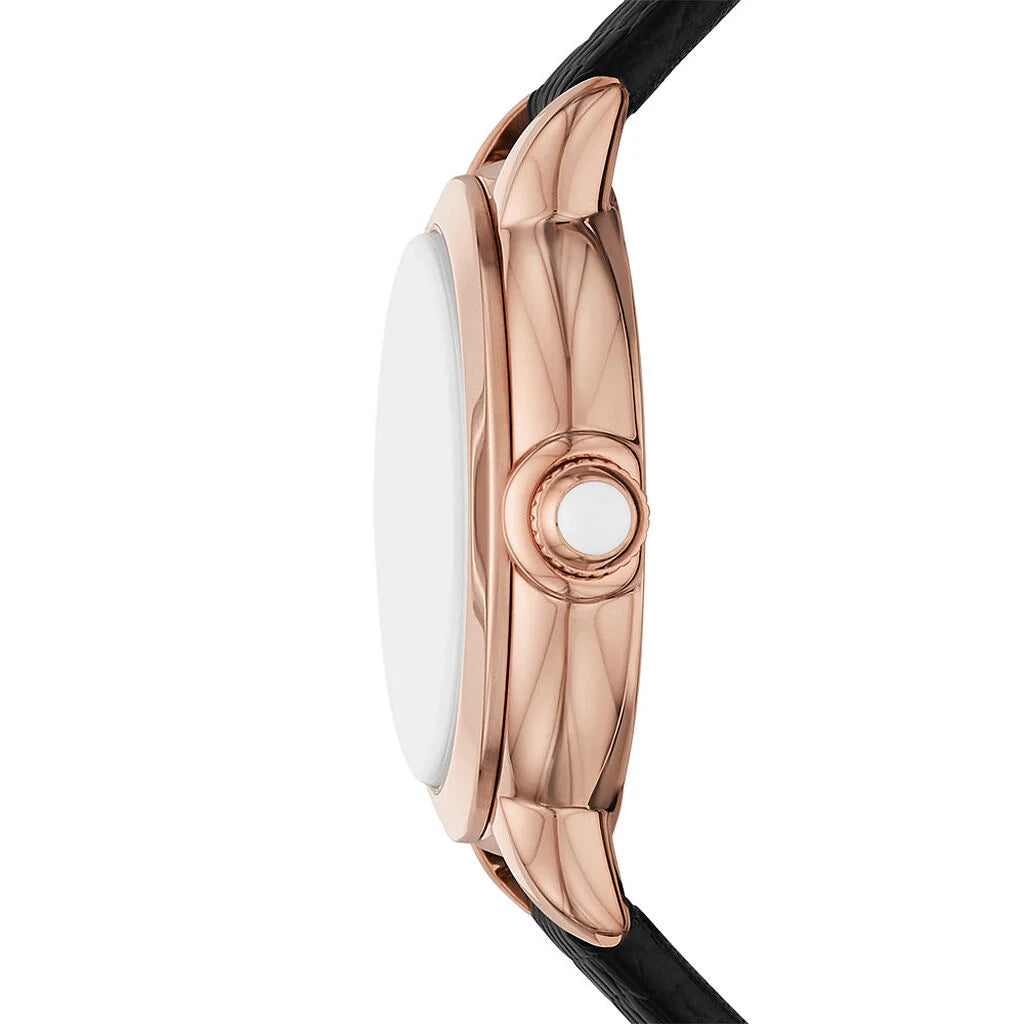 Emporio Armani AR11631 side profile – slim 8mm rose gold-tone stainless steel case with textured crown – refined women’s timepiece available at HEY WATCH.