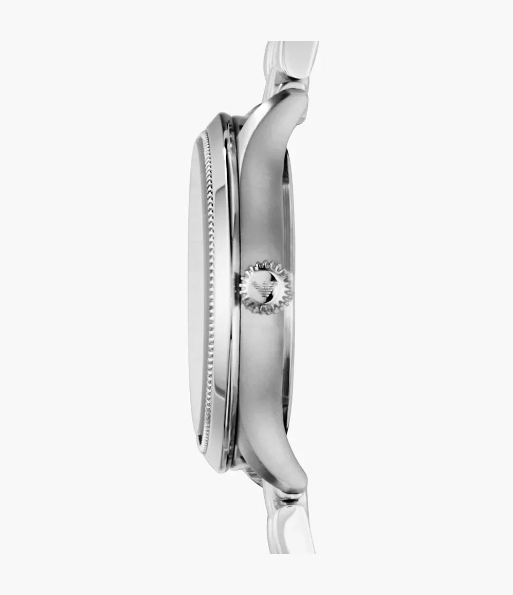 Emporio Armani AR1803 side profile – slim 7mm stainless steel case with textured crown – refined women’s timepiece available at HEY WATCH.