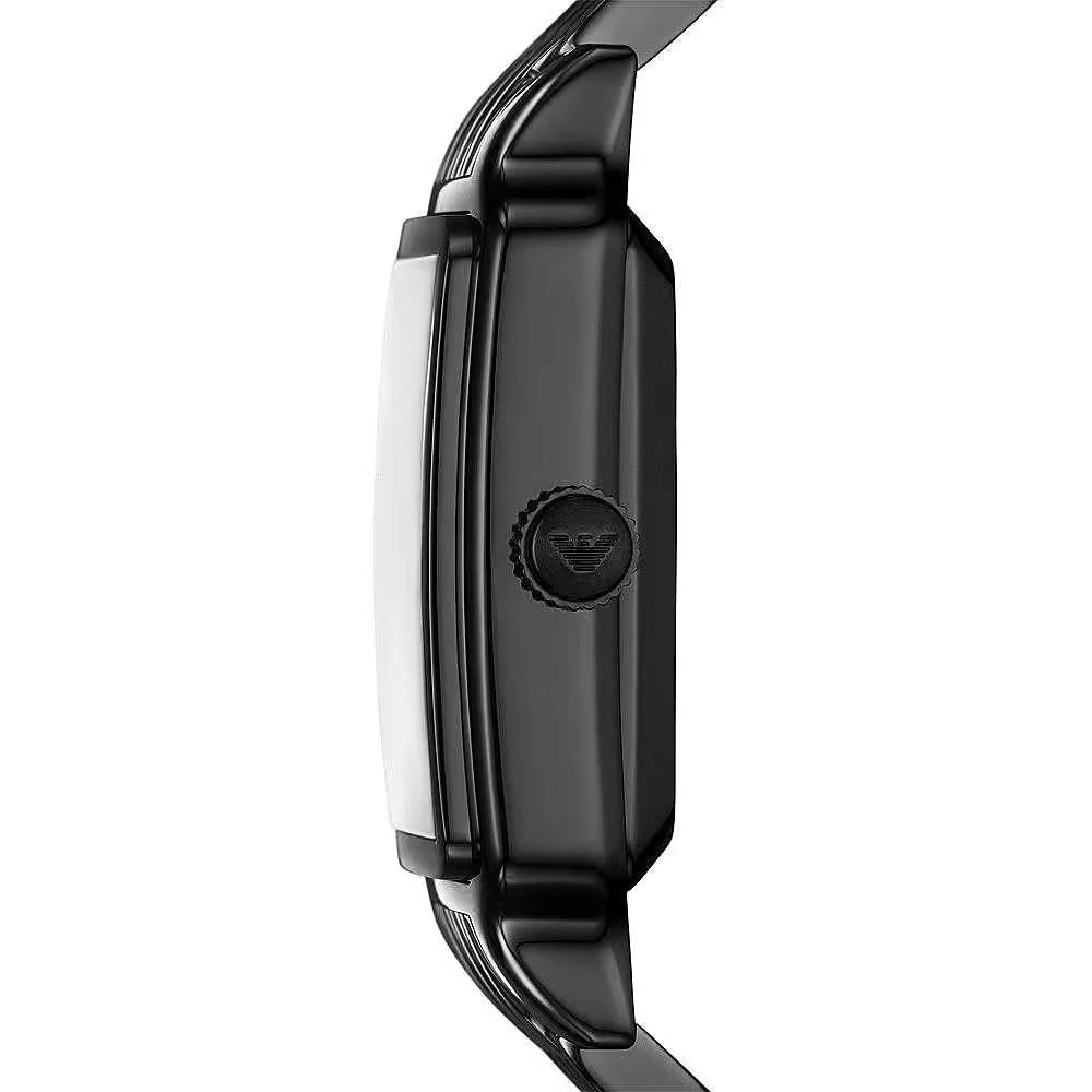 Emporio Armani AR60058 side profile – slim 36mm black stainless steel case with textured crown – refined men’s timepiece available at HEY WATCH.