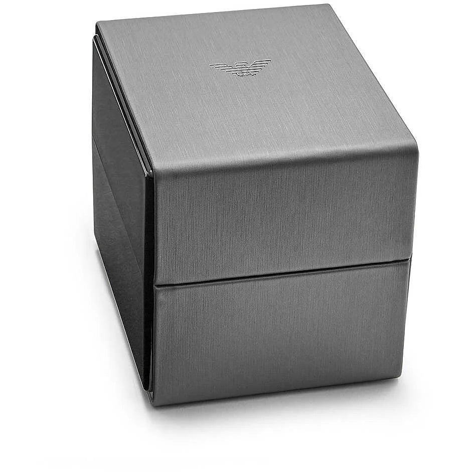 Emporio Armani AR60058 packaging – official Emporio Armani black watch box with logo and cushion display – luxury presentation for men’s timepiece at HEY WATCH.