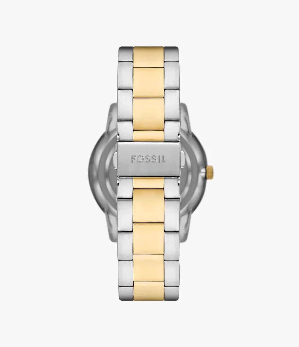 Fossil FS5906 back view – stainless steel caseback with Fossil engraving and polished two-tone bracelet – premium build by HEY WATCH.