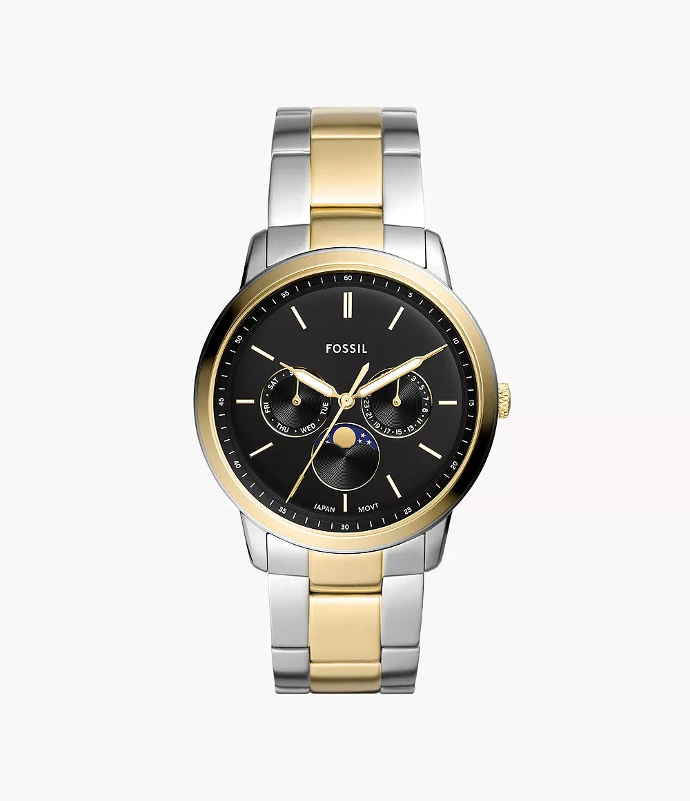 Fossil FS5906 men's watch front view – 42mm two-tone silver and gold-tone case with black dial and moonphase subdials – HEY WATCH.