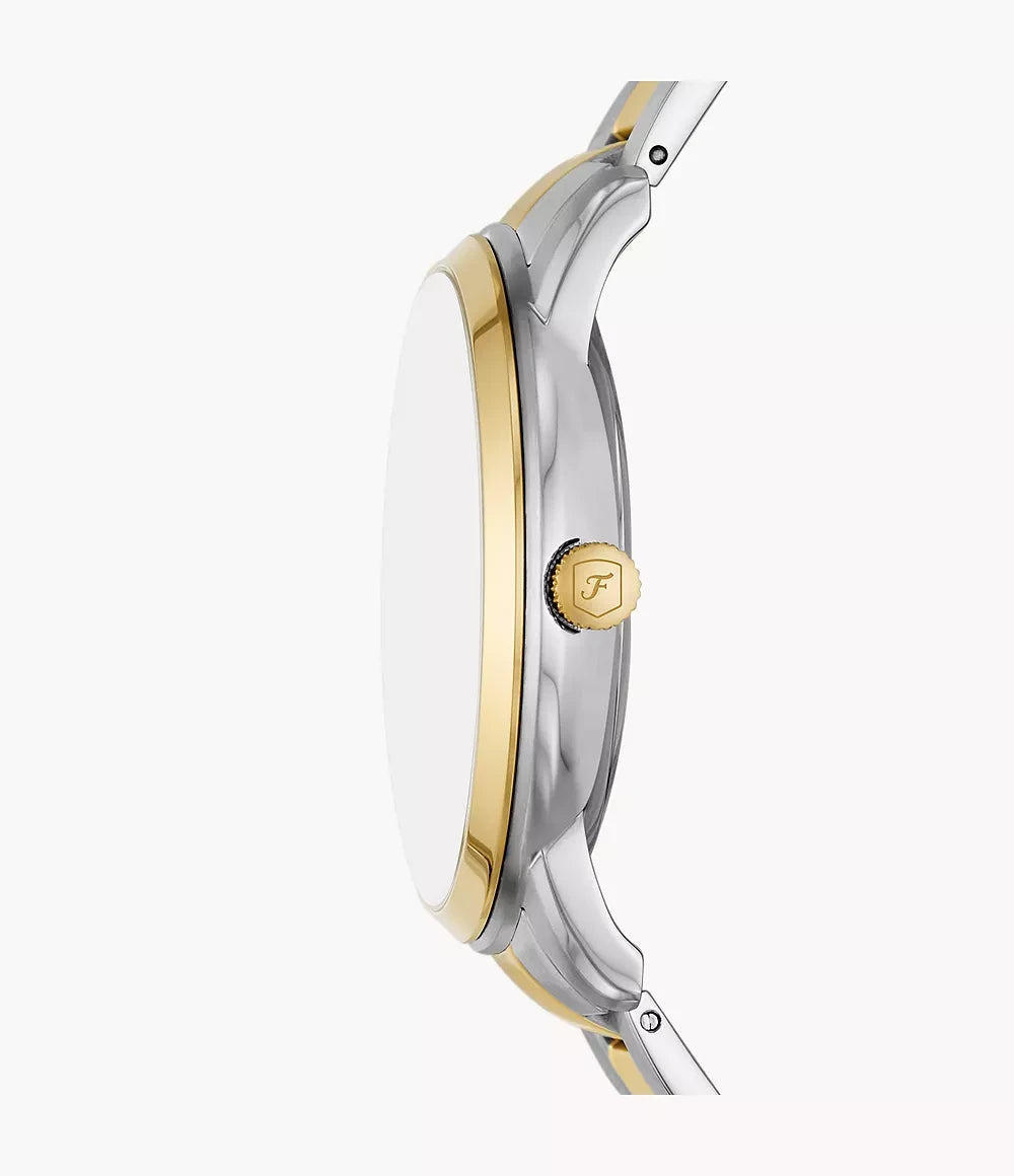Fossil FS5906 side view – slim stainless steel case with gold-tone crown and two-tone finish – refined men’s timepiece by HEY WATCH.