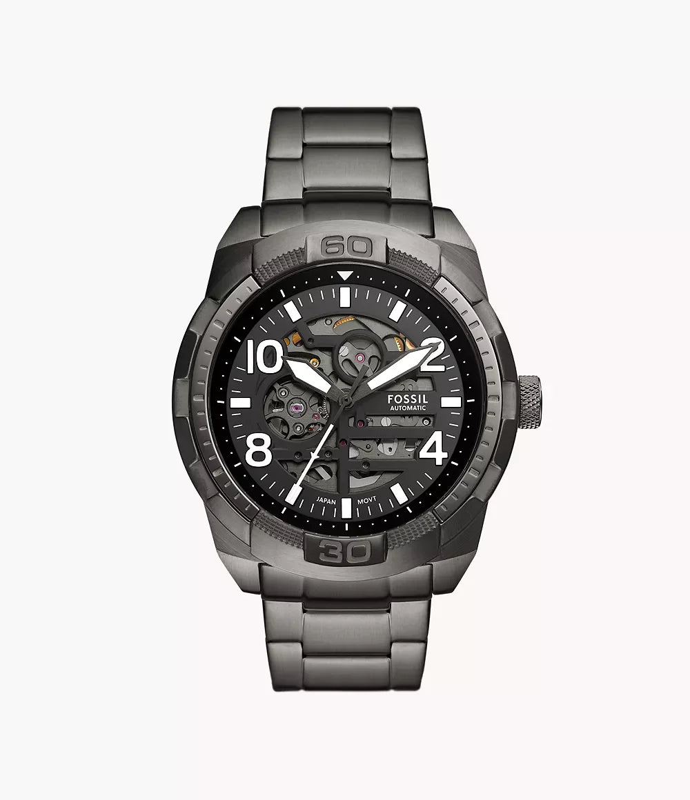 Fossil ME3255 men’s watch front view – 48mm smoke stainless steel case with black satin dial, automatic movement, and luminous hands – bold design by HEY WATCH.