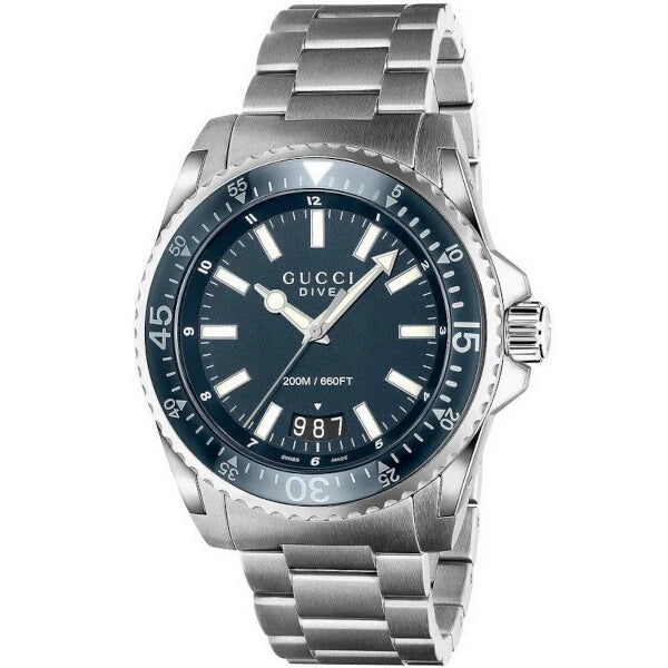 Gucci YA136203 men's dive watch with blue dial, silver stainless steel case and bracelet – 40mm Swiss Made, 200m water resistance – Available at HEY WATCH.