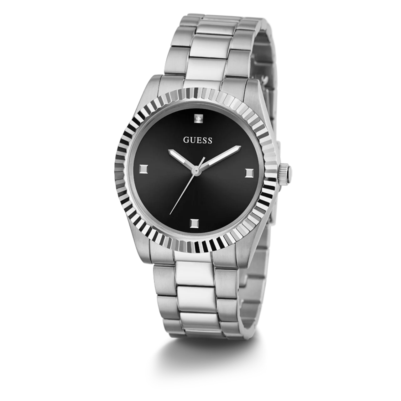 GUESS GW0542G1 angled view – sleek black dial with silver-tone stainless steel case and bracelet – refined design by HEY WATCH.