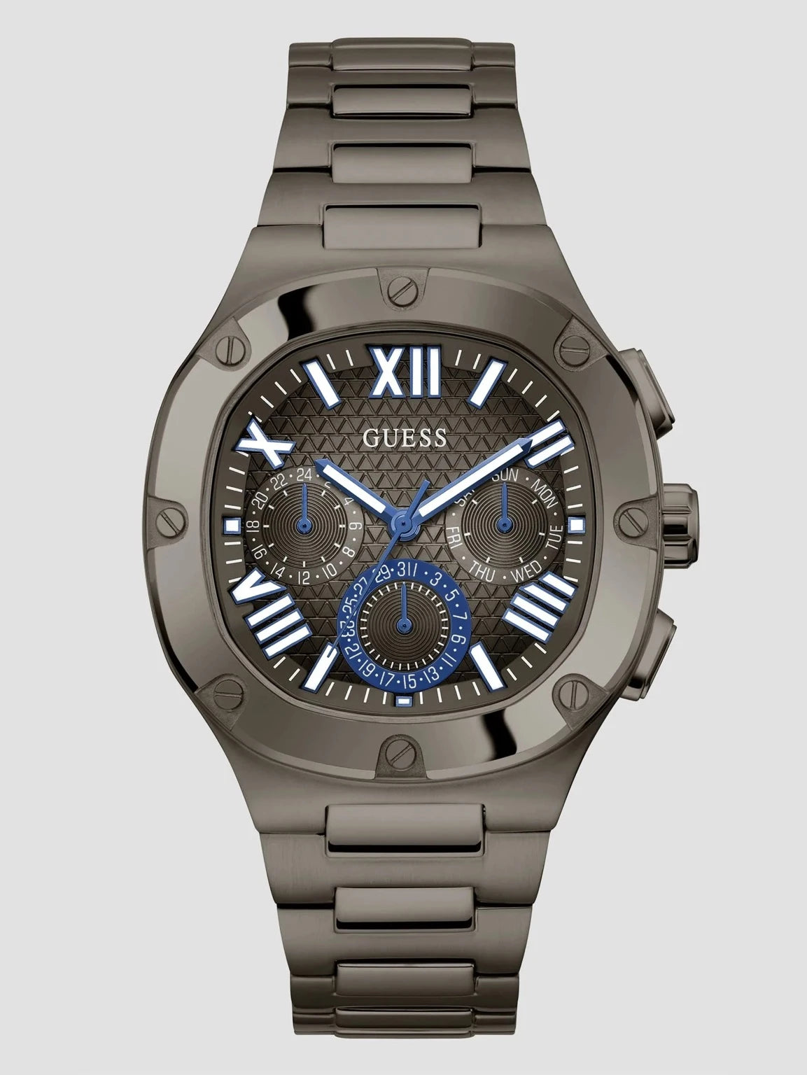 GUESS GW0572G5 front view – men's gunmetal stainless steel chronograph watch with blue dial – modern elegance by HEY WATCH.