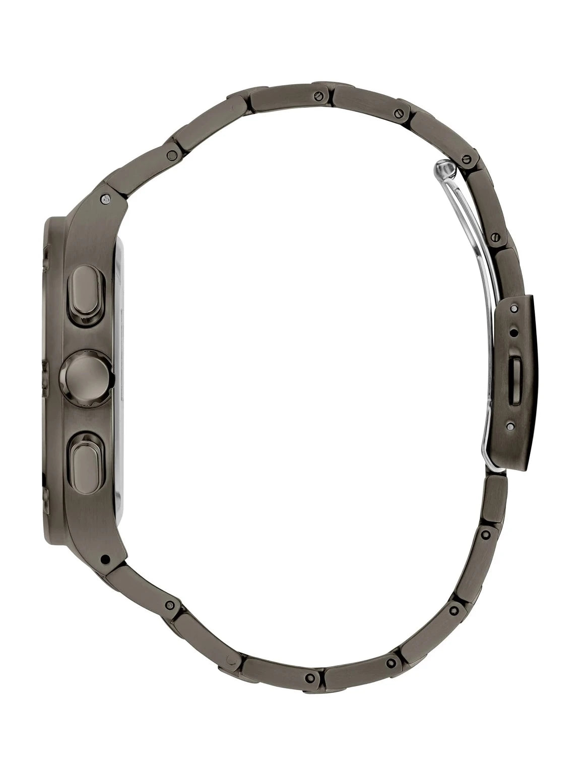 GUESS GW0572G5 side view – sleek gunmetal case profile with textured crown and chronograph pushers – contemporary design by HEY WATCH.