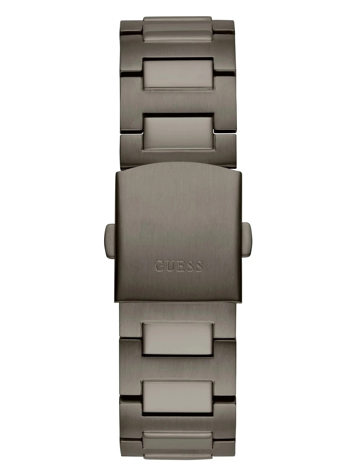 GUESS GW0572G5 clasp detail – fold-over clasp with GUESS logo on gunmetal stainless steel bracelet – secure and stylish by HEY WATCH.