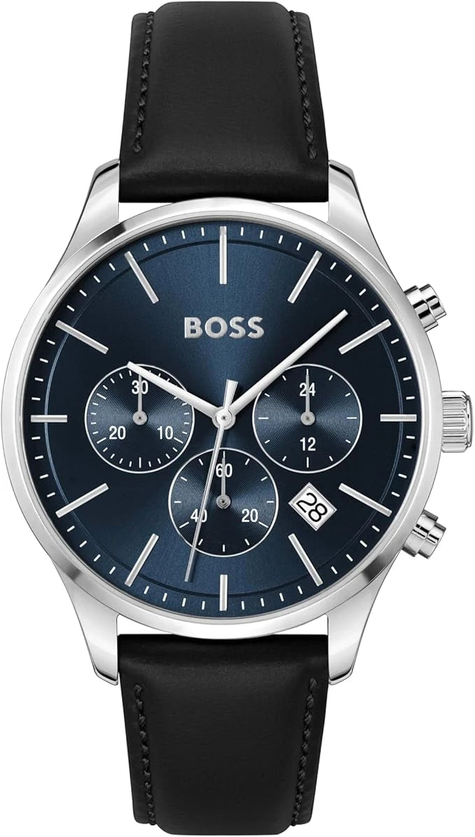 Hugo Boss 1514156 front view – men’s chronograph watch with blue dial, silver-tone case and black leather strap – refined sporty elegance by HEY WATCH.