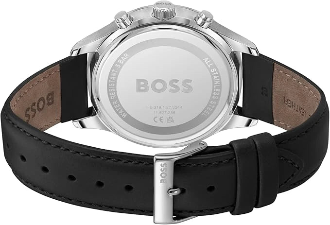 Hugo Boss 1514156 back view – stainless steel caseback with engraved Hugo Boss logo and genuine leather strap – premium detail by HEY WATCH.