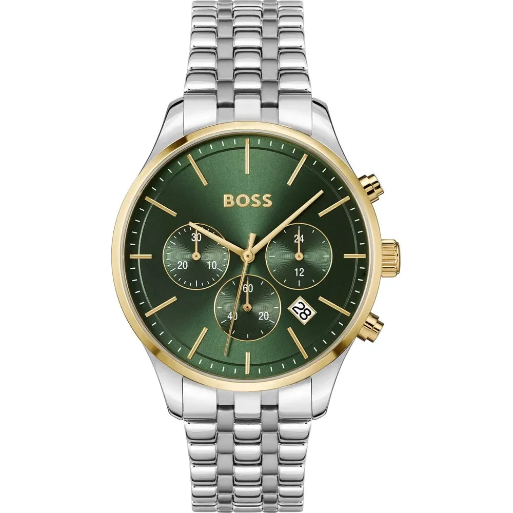 Hugo Boss 1514159 Avery front view – men’s chronograph watch with green dial, gold-tone subdials and two-tone stainless steel bracelet – luxury and precision by HEY WATCH.