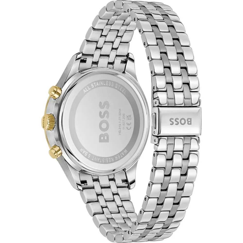 Hugo Boss 1514159 Avery back view – stainless steel caseback and two-tone bracelet with polished fold-over clasp – elegant construction by HEY WATCH.