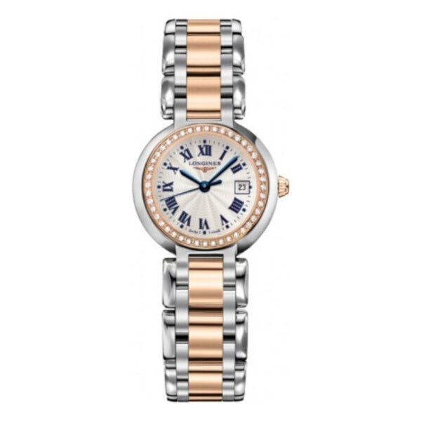 Front view of Longines PrimaLuna women's watch featuring a two-tone silver and rose gold bracelet, diamond-set bezel, and silver dial - HEY WATCH