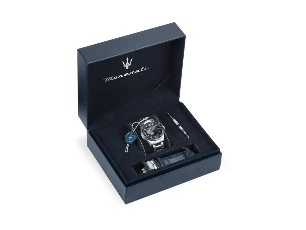 Maserati R8823140007 in official presentation box – includes blue dial automatic watch with steel bracelet and additional blue leather strap – luxury set by HEY WATCH.