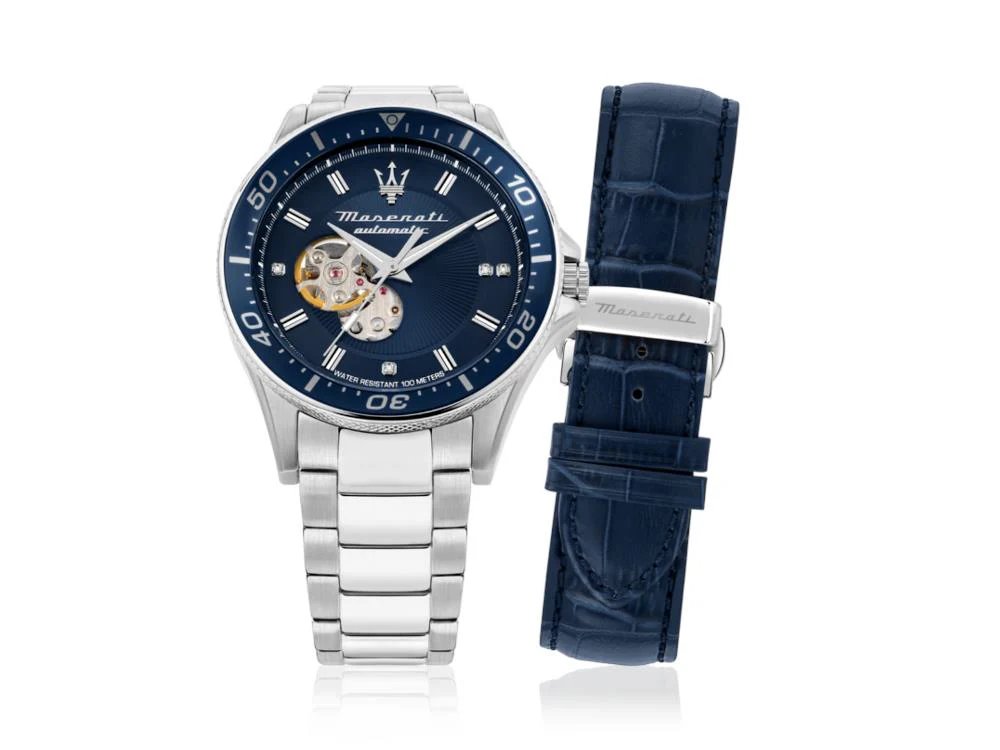Maserati R8823140007 front view – men's automatic watch with blue guilloché dial, diamond markers, and silver stainless steel bracelet – Sfida collection by HEY WATCH.