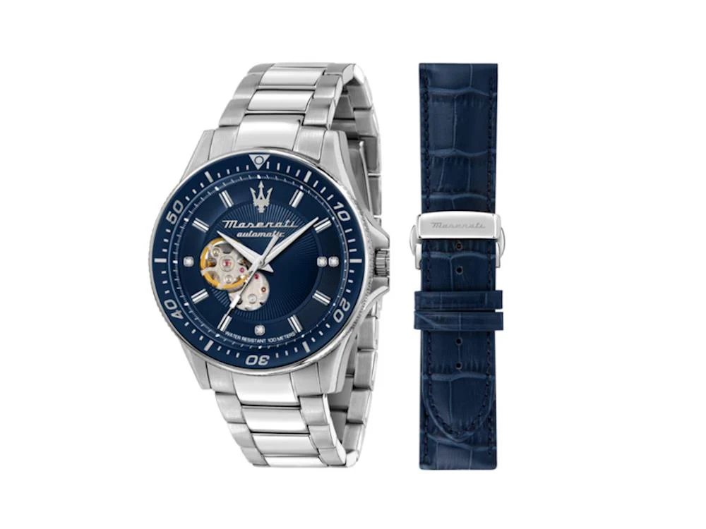 Maserati R8823140007 side view – 44mm stainless steel case with sapphire crystal and open-heart blue dial – elegant men's timepiece by HEY WATCH.