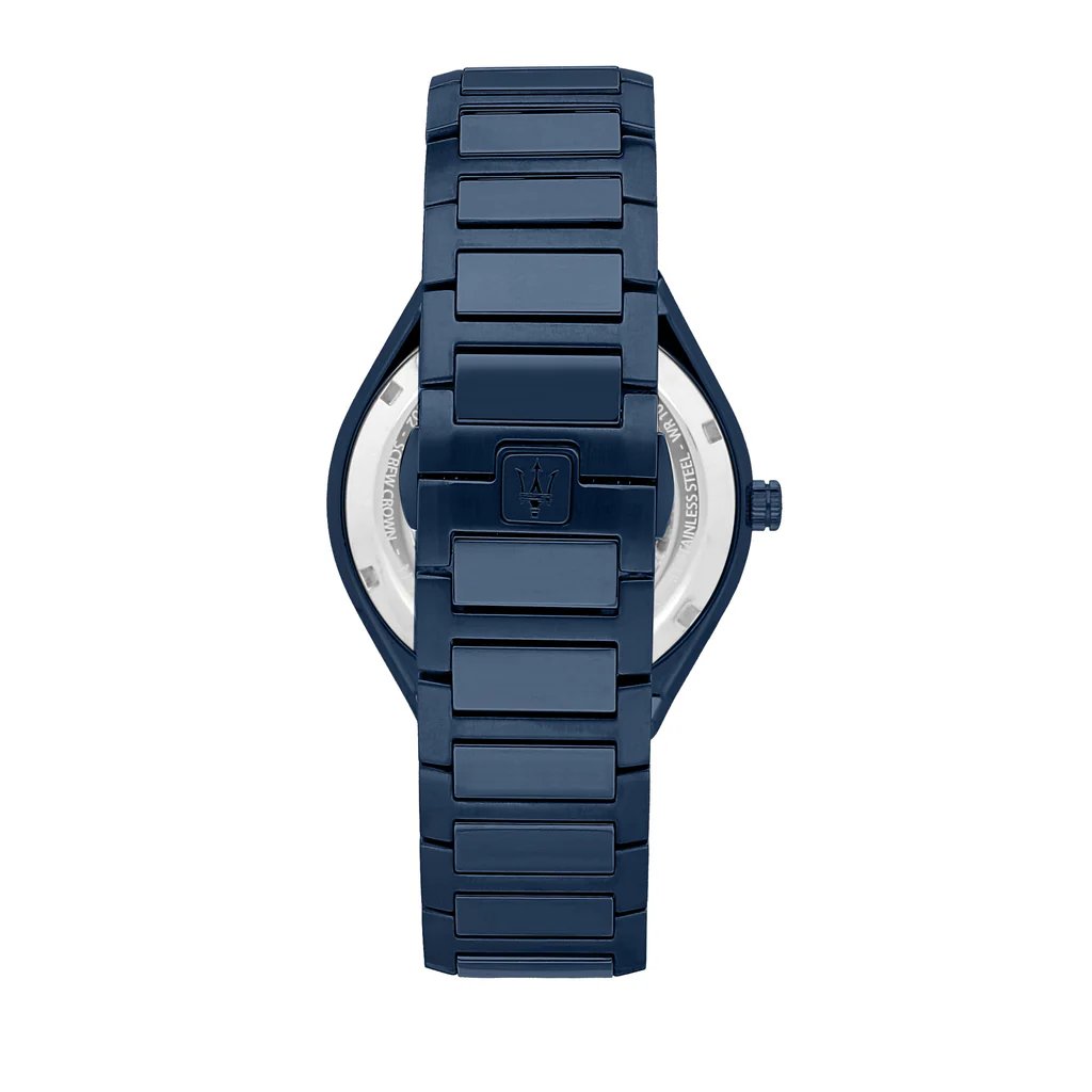 Maserati R8853141001 back view – engraved caseback and blue stainless steel bracelet with deployment clasp – premium craftsmanship by HEY WATCH.