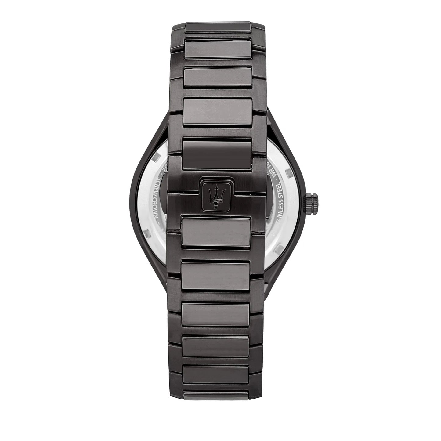 Maserati R8853142001 back view – engraved stainless steel caseback and gunmetal bracelet with deployment clasp – bold masculine design by HEY WATCH.
