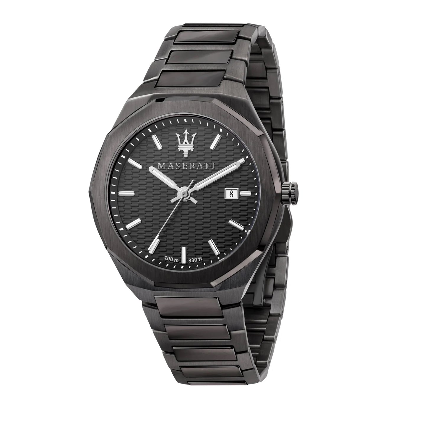 Maserati R8853142001 front view – men’s gunmetal quartz watch with black dial and stainless steel bracelet – modern Italian style by HEY WATCH.