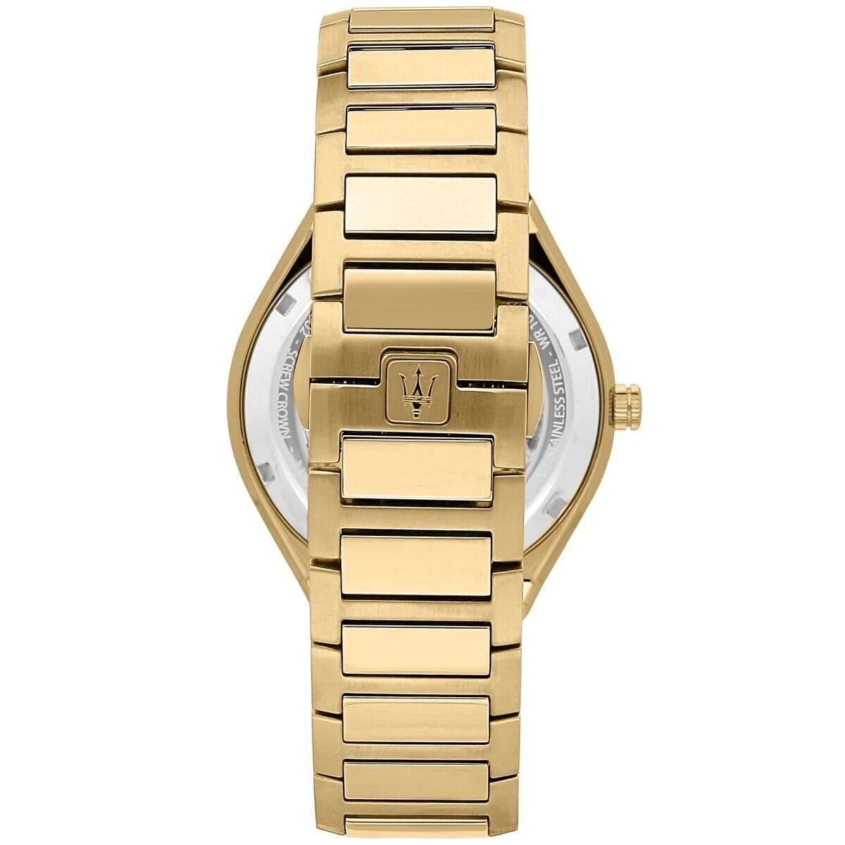 Maserati R8853142004 back view – engraved stainless steel caseback with gold-tone bracelet and secure clasp – premium build by HEY WATCH.