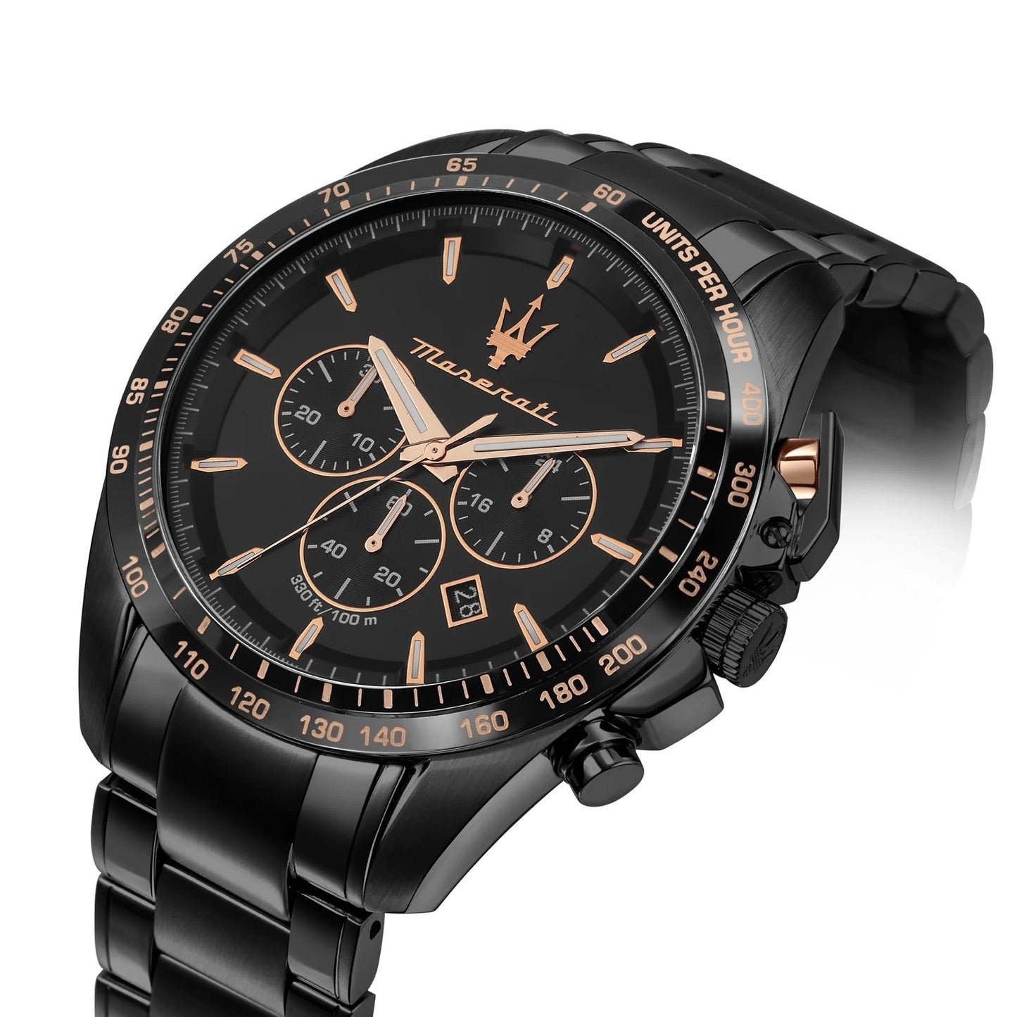 Maserati R8873612048 angled view – bold chronograph dial with rose gold details and sleek black stainless steel finish – Italian design by HEY WATCH.