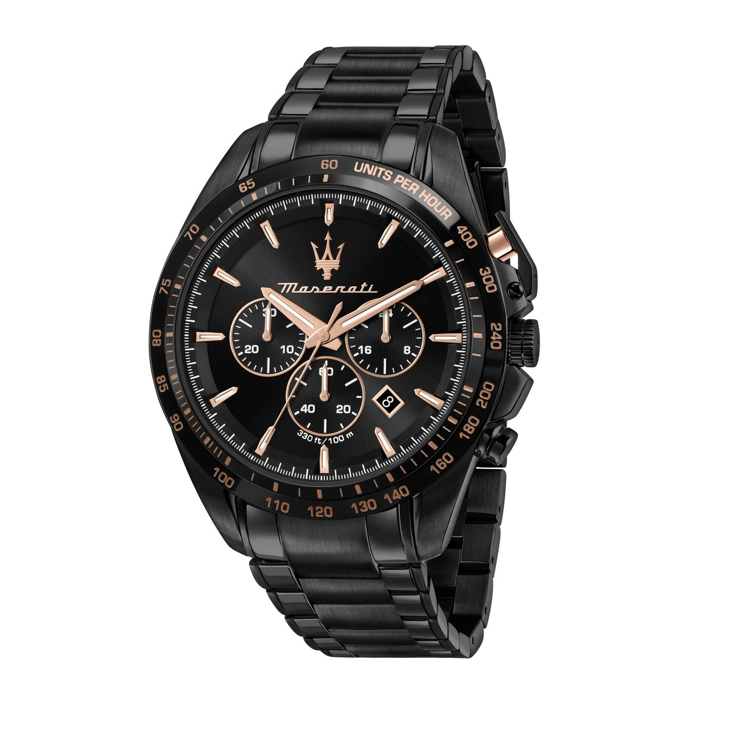Maserati R8873612048 front view – men’s chronograph watch with black dial, rose gold accents, and black stainless steel bracelet – Traguardo series by HEY WATCH.