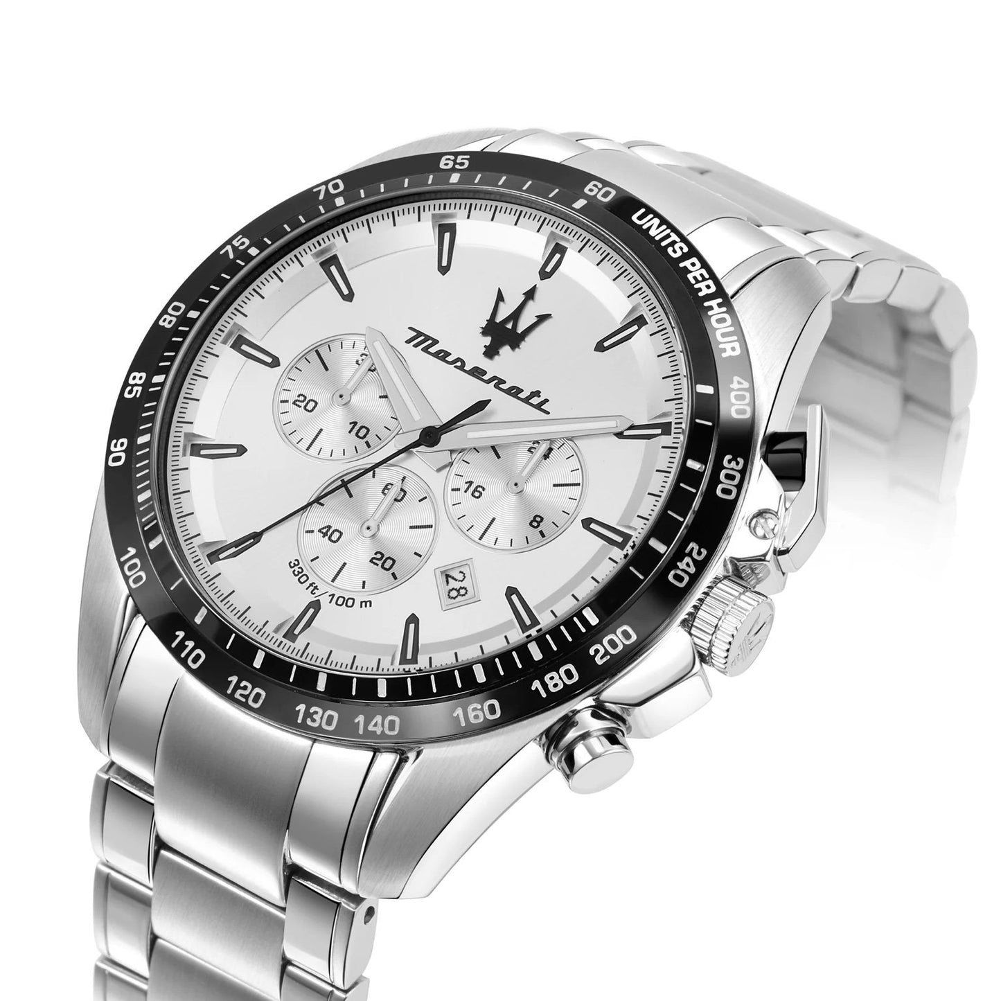 Maserati R8873612049 angled view – silver chronograph dial with black bezel and brushed steel case – sporty Italian watch by HEY WATCH.