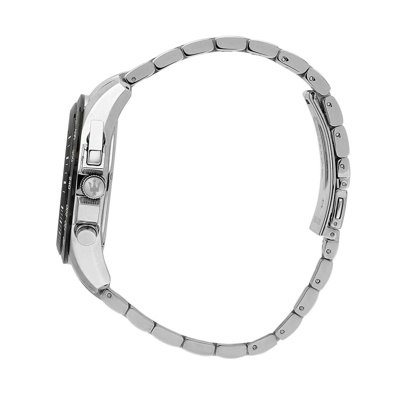 Maserati R8873612049 side view – stainless steel case profile with chronograph pushers and black bezel – precision timepiece by HEY WATCH.
