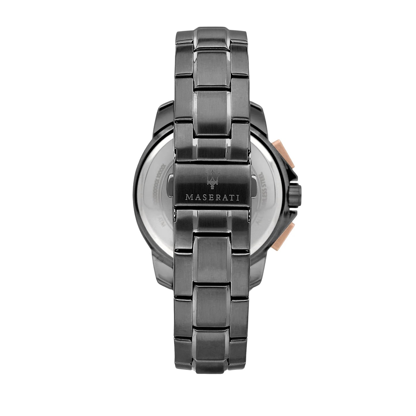 Maserati R8873645001 back view – engraved caseback with solar movement details and gunmetal bracelet – Italian craftsmanship by HEY WATCH.