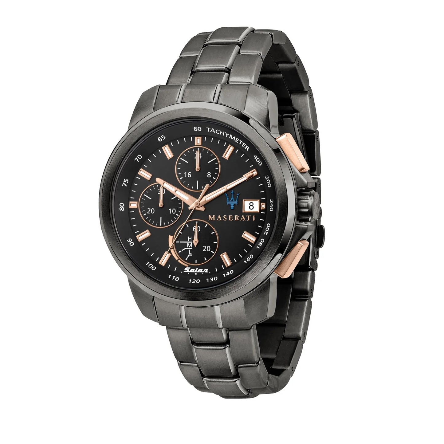 Maserati R8873645001 front view – men’s solar chronograph watch with black dial, rose gold markers, and gunmetal stainless steel bracelet – sustainable luxury by HEY WATCH.