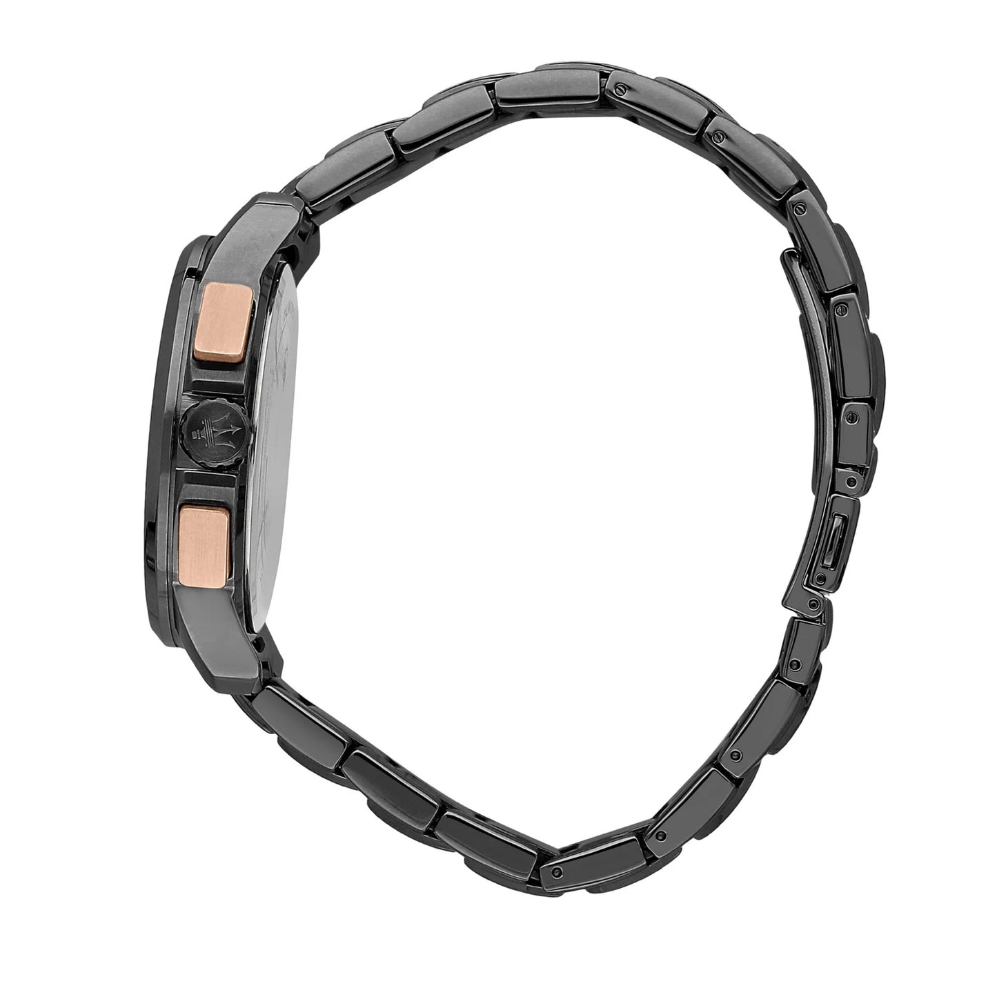 Maserati R8873645001 side view – slim gunmetal case profile with rose gold crown and black dial – sleek solar-powered watch by HEY WATCH.