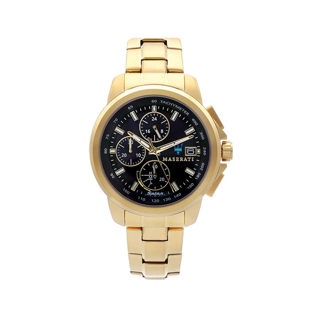 Maserati R8873645002 front view – men’s solar chronograph watch with black dial, gold-tone subdials and gold stainless steel bracelet – bold luxury by HEY WATCH.