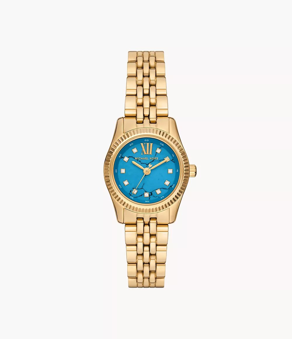 Michael Kors MK4813 front view – women’s gold-tone watch with blue sunray dial and crystal hour markers – Lexington collection by HEY WATCH.