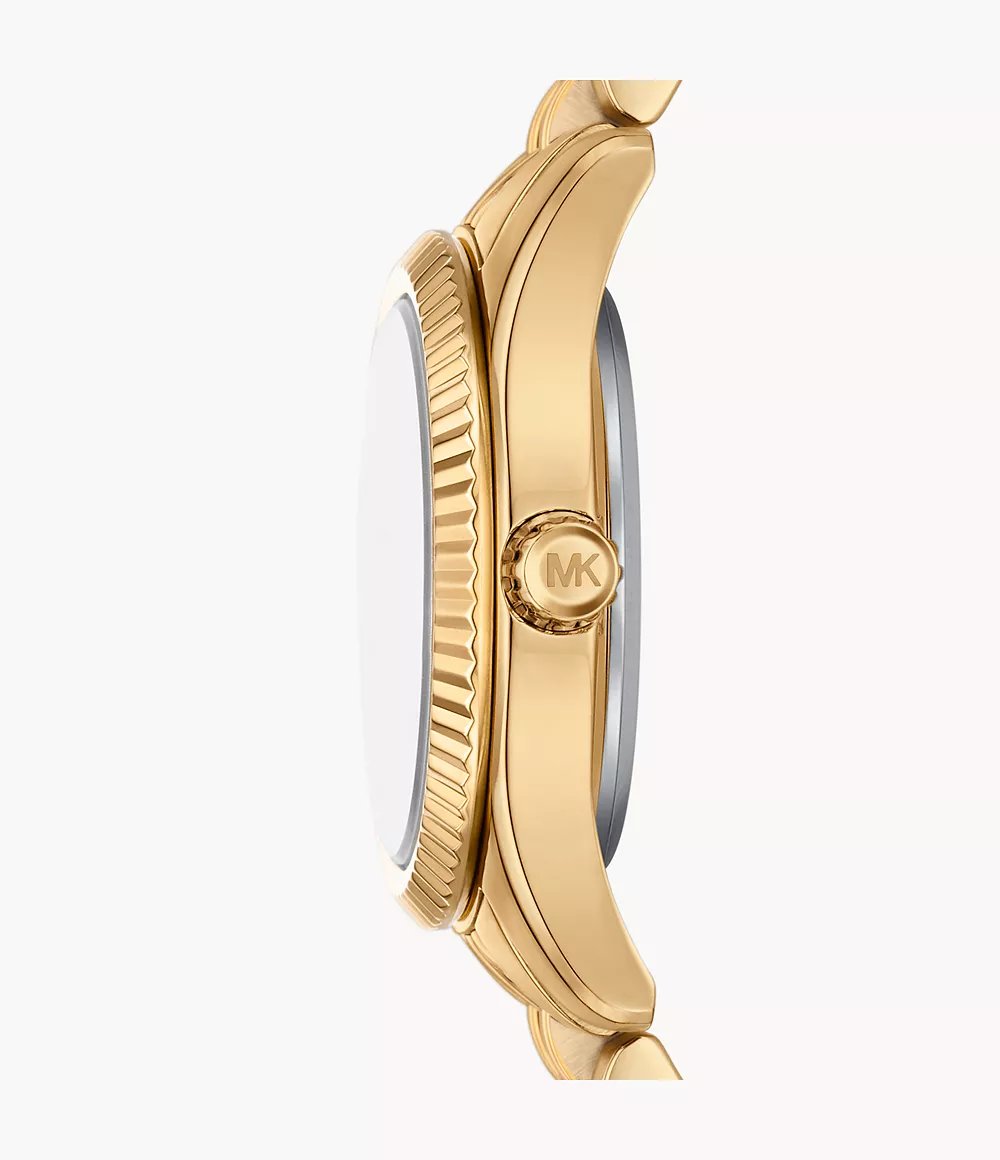 Michael Kors MK4813 side view – slim gold-tone stainless steel case with polished bezel – stylish quartz women’s watch by HEY WATCH.