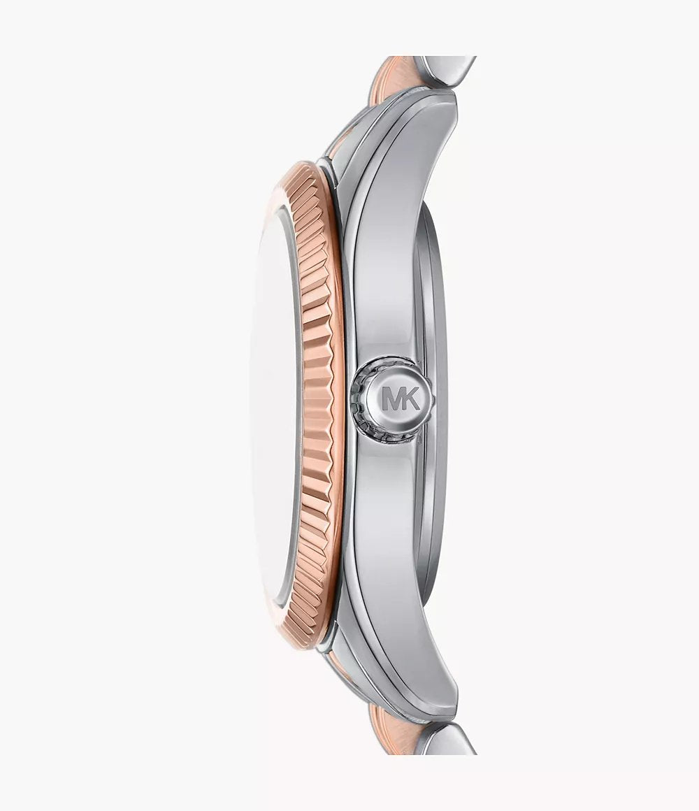Michael Kors MK4817SET side view – sleek two-tone stainless steel case and crystal bezel – refined women’s chronograph watch by HEY WATCH