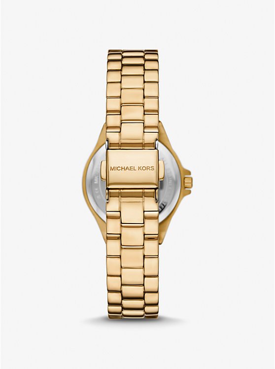 Michael Kors MK7395 back view – gold-tone stainless steel bracelet with fold-over clasp – refined women's watch by HEY WATCH.